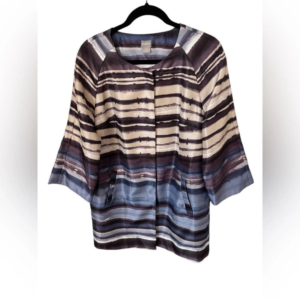 Chico's Shantung Topper Jacket Blue Multi Size 1 Medium NWT - Picture 2 of 14